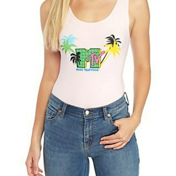 MTV Sleeveless Pink Graphic Palm Tree Body Suit - Picture 2 of 7